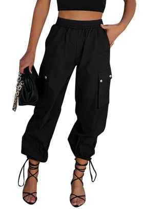 Black Women's Casual Cargo Pant High Waisted Y2K Nylon Trousers