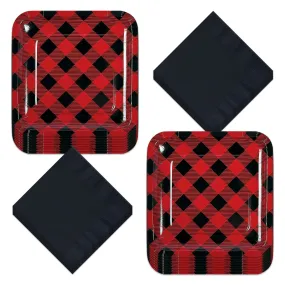 Buffalo Plaid Party Supplies - Red and Black Checkered Paper Dinner Plates and Luncheon Napkins (Serves 16)