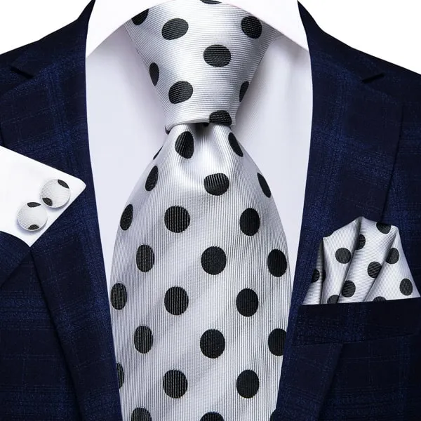 Classy Men White Black Polka Dot Silk Tie