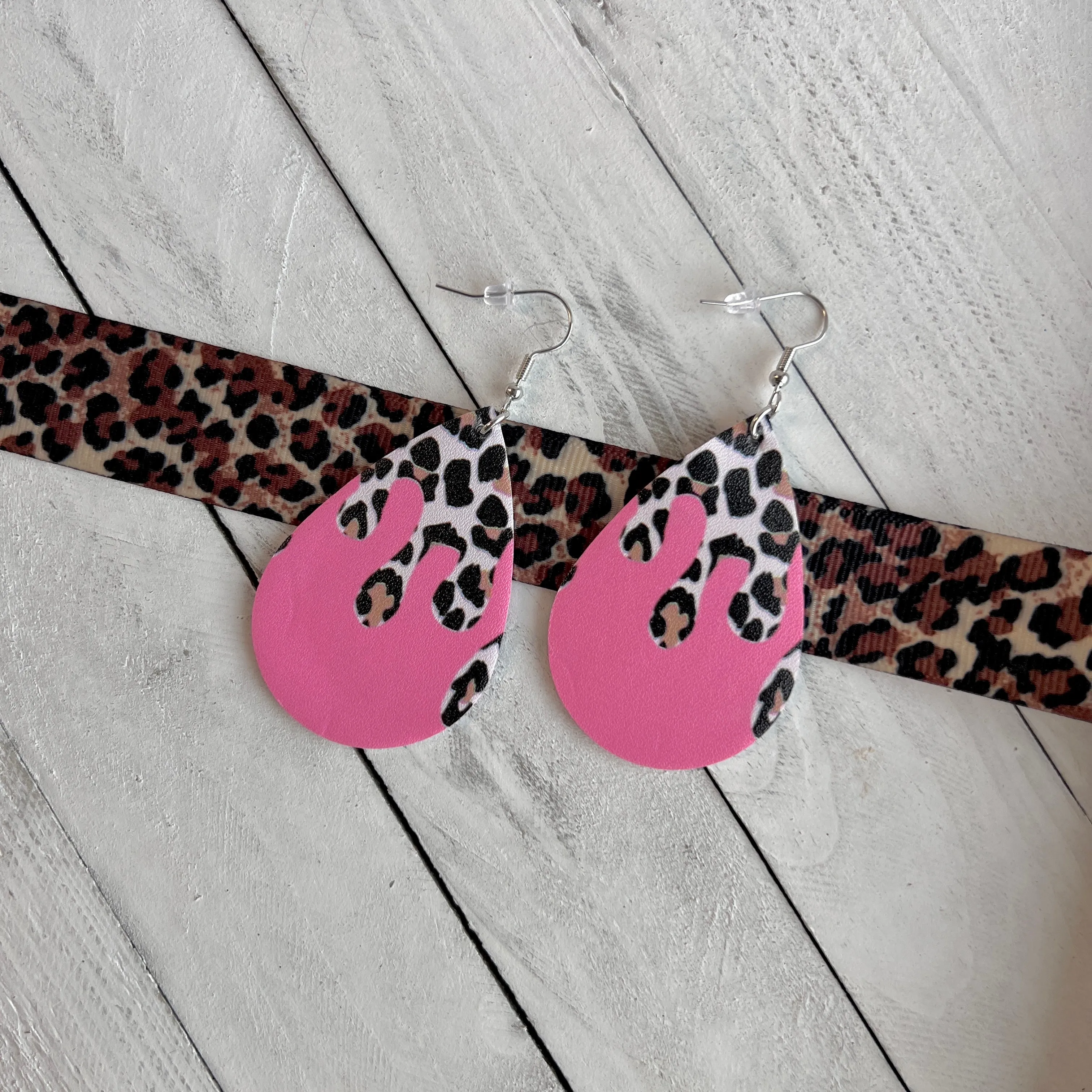 Coral Leopard Drip Faux Leather Teardrop Ear Bling Two Styles Available