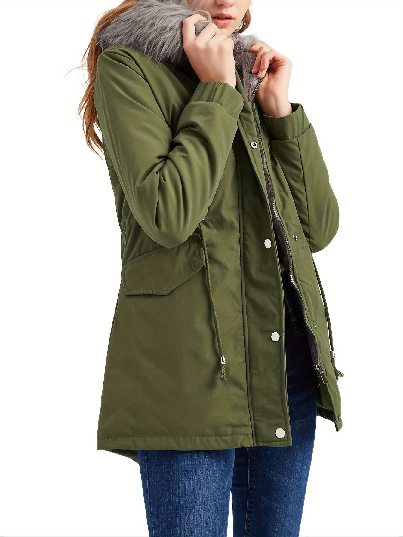 Cozy & Chic Women’s Hooded Coat with Drawstring & Button Details - Midi Length, 100% Polyester”