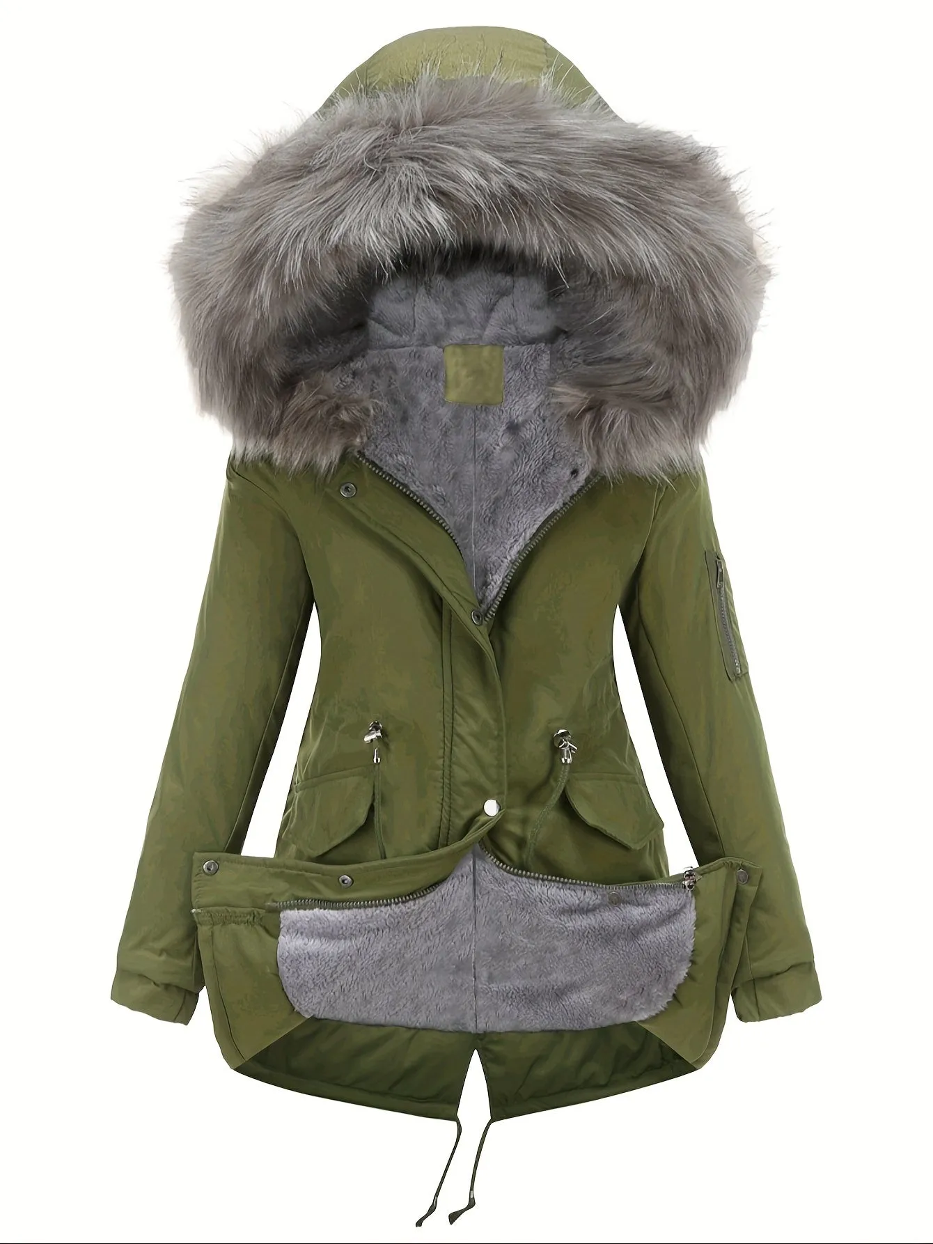 Cozy & Chic Women’s Hooded Coat with Drawstring & Button Details - Midi Length, 100% Polyester”