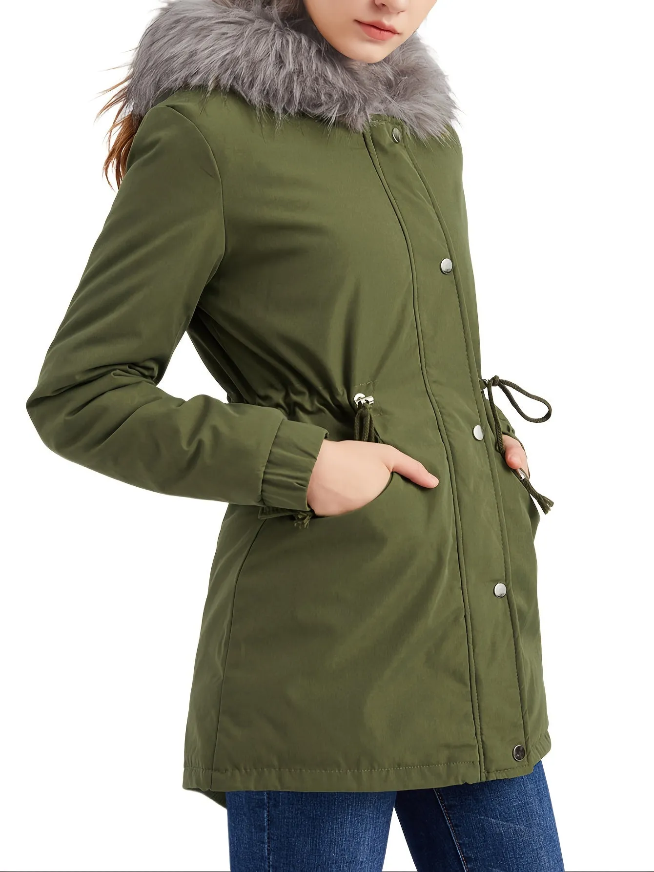 Cozy & Chic Women’s Hooded Coat with Drawstring & Button Details - Midi Length, 100% Polyester”