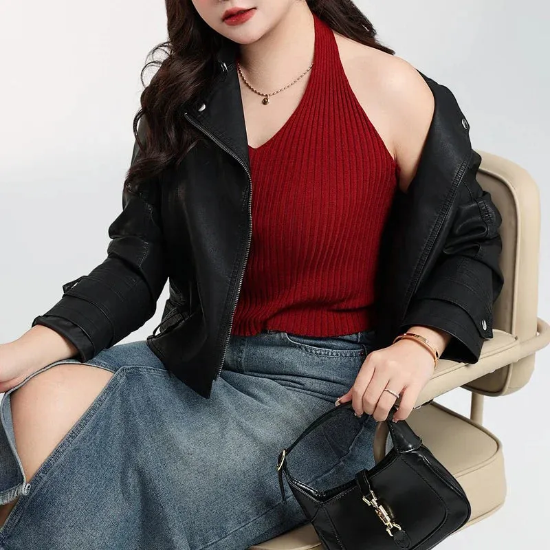 European Style Star Slim Fast Fashion Plus Size Black PU Leather Jacket