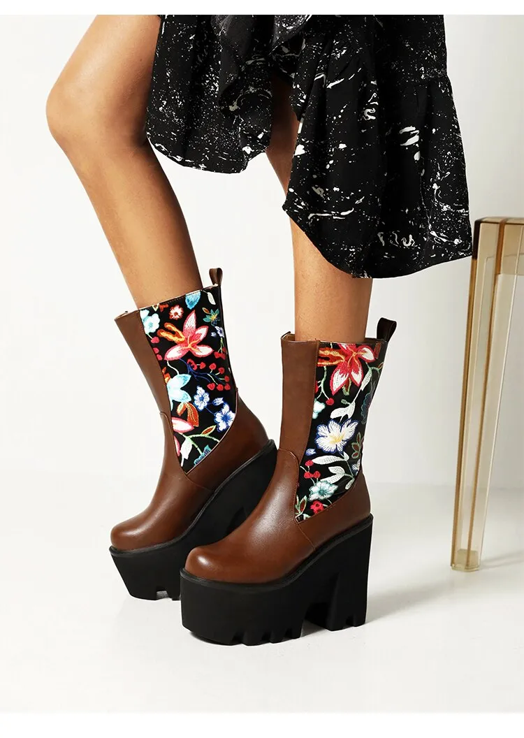 Floral Patchwork PU Mid-Calf Platform Boots