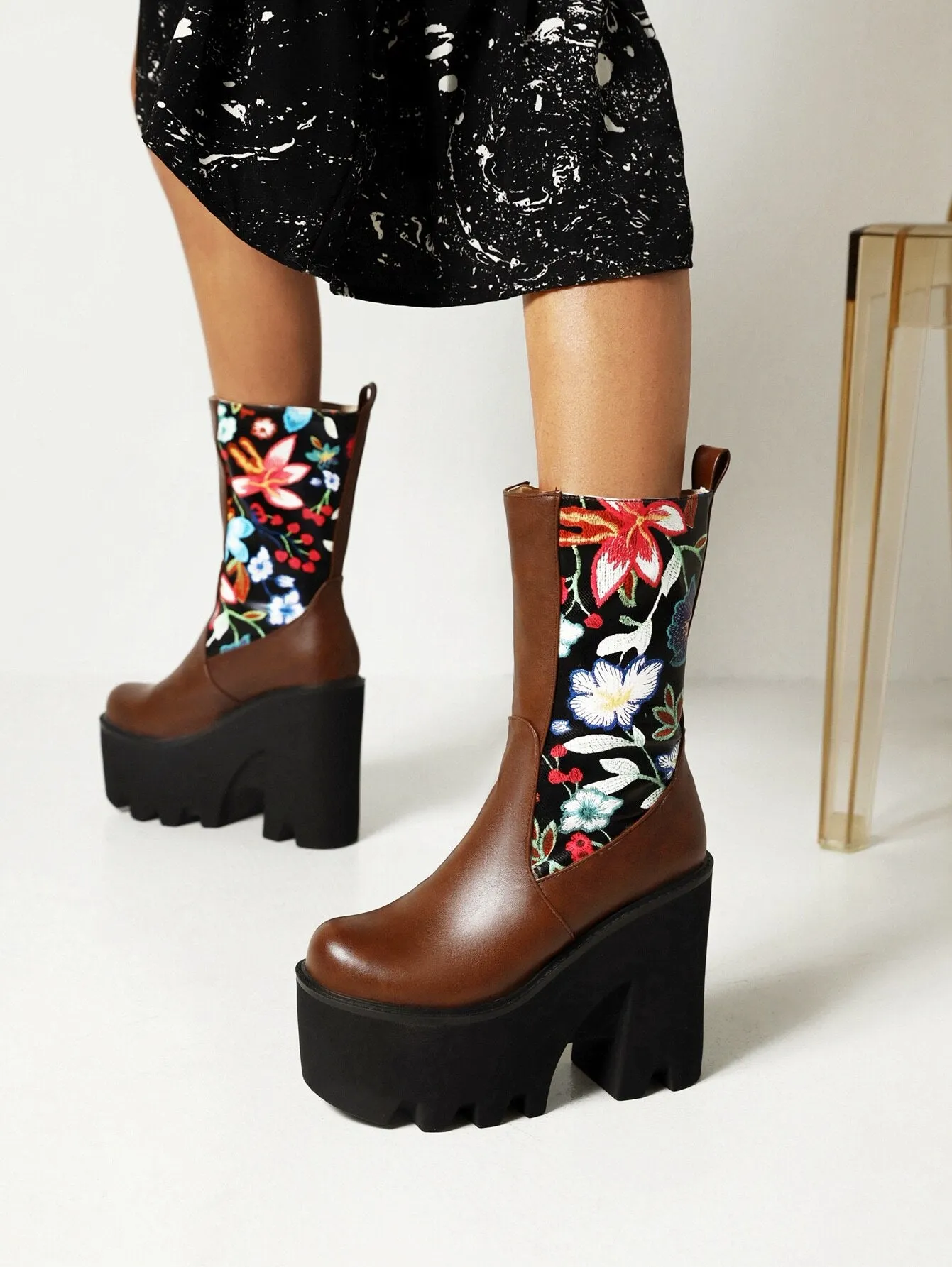 Floral Patchwork PU Mid-Calf Platform Boots