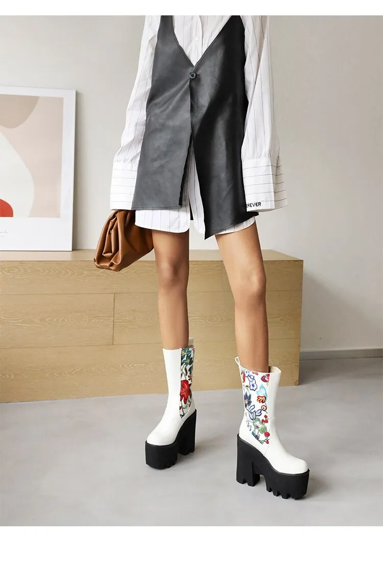 Floral Patchwork PU Mid-Calf Platform Boots