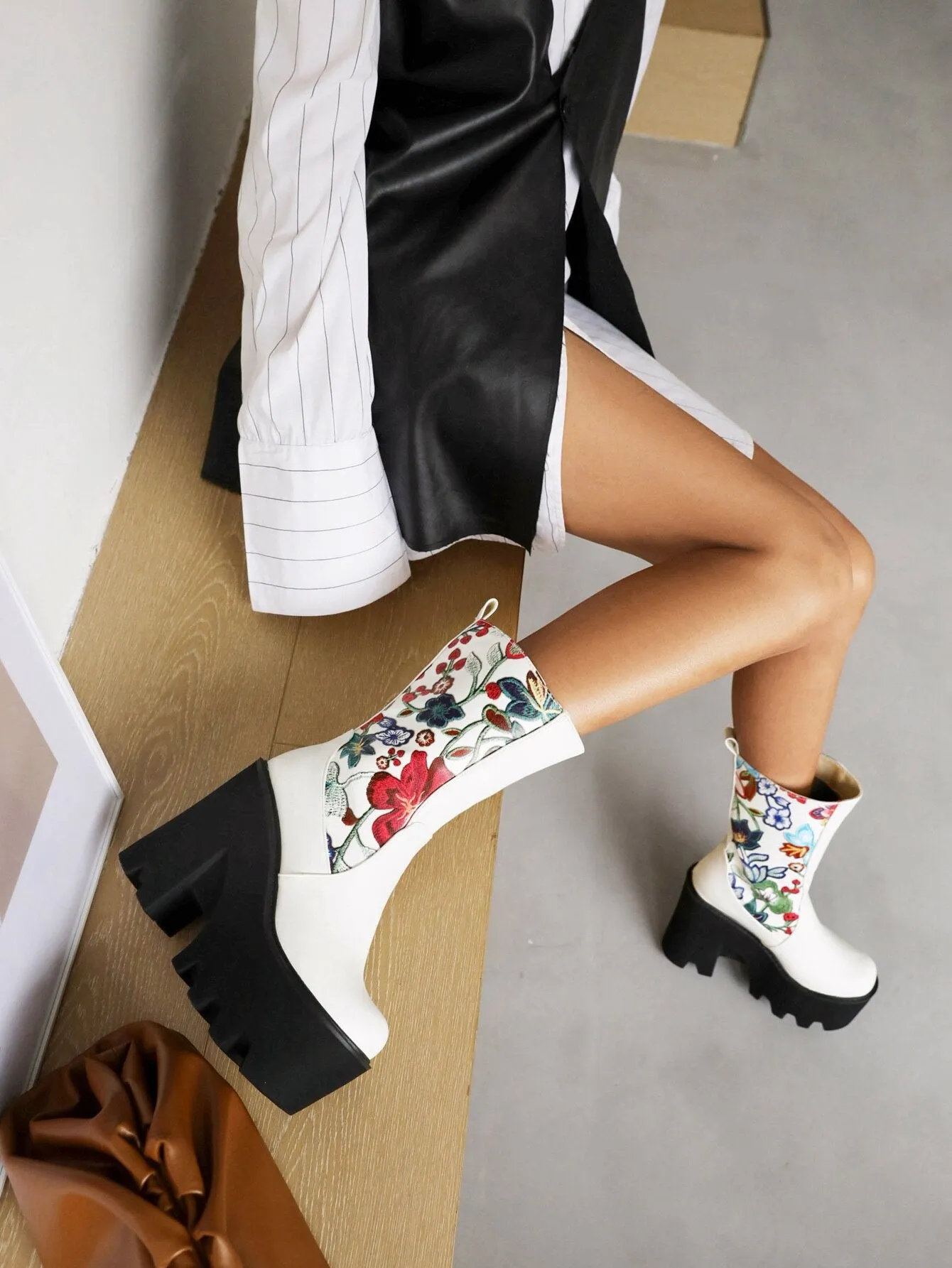 Floral Patchwork PU Mid-Calf Platform Boots