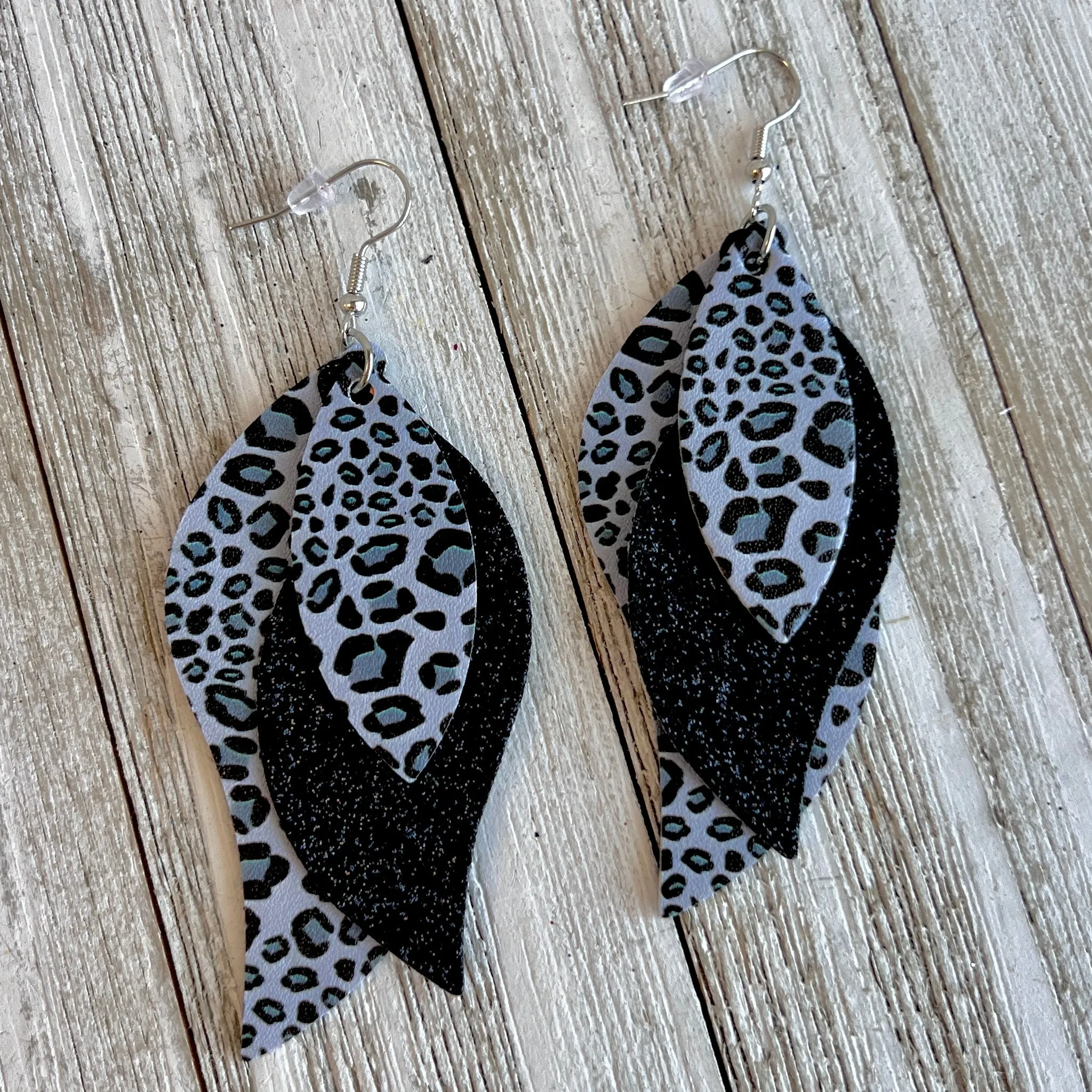 Gray Leopard Faux Leather Teardrop Ear Bling Two Styles Available