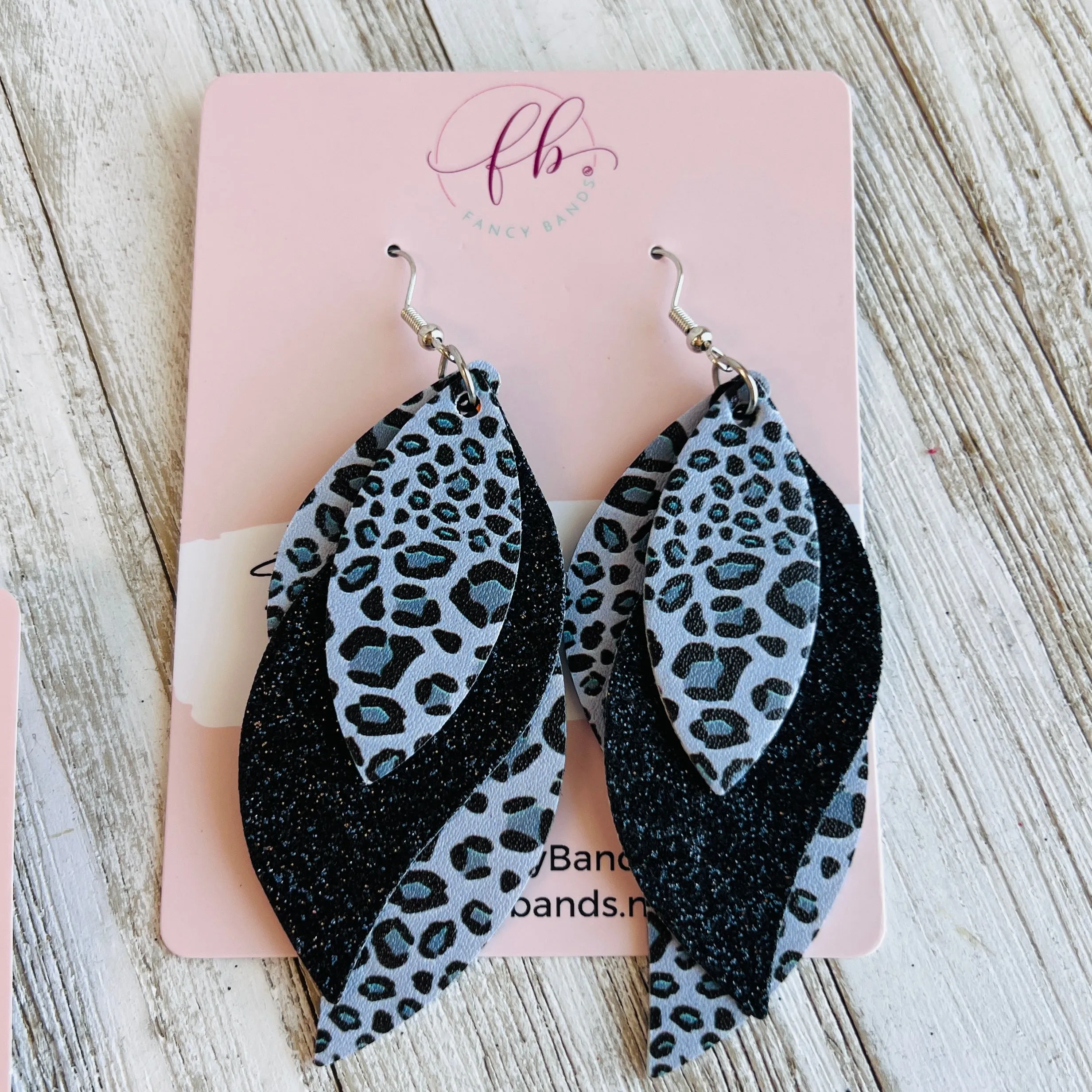 Gray Leopard Faux Leather Teardrop Ear Bling Two Styles Available