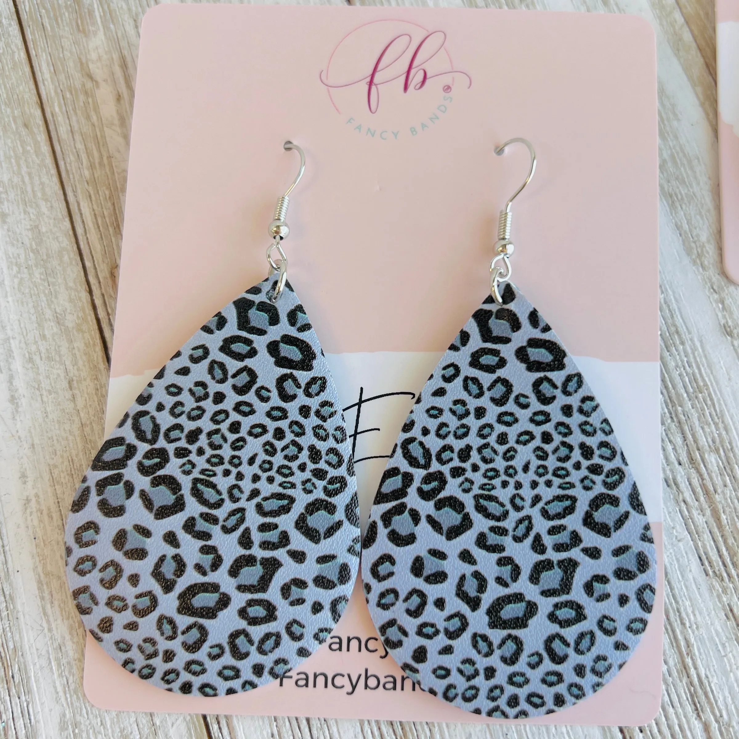 Gray Leopard Faux Leather Teardrop Ear Bling Two Styles Available