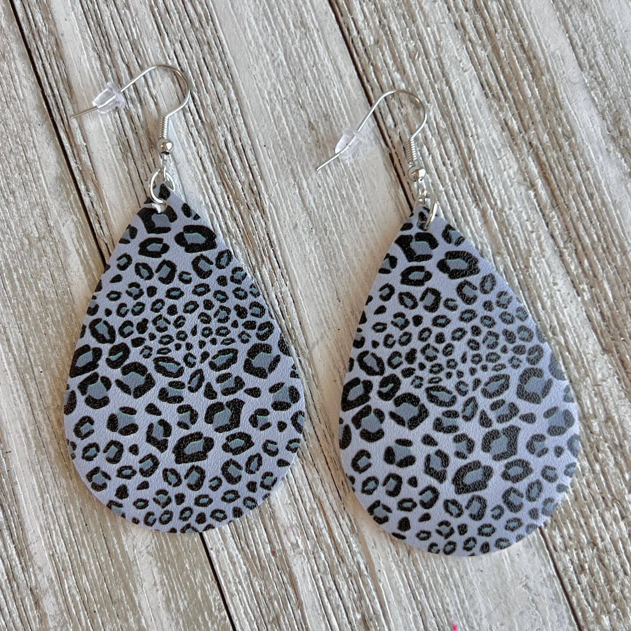 Gray Leopard Faux Leather Teardrop Ear Bling Two Styles Available