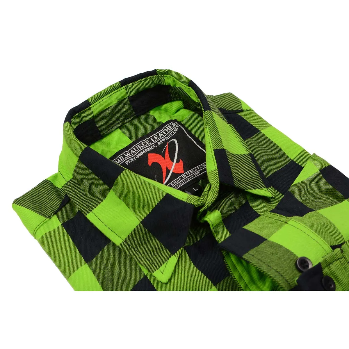 Milwaukee Leather Men's Flannel Plaid Shirt Black and Neon Green Long