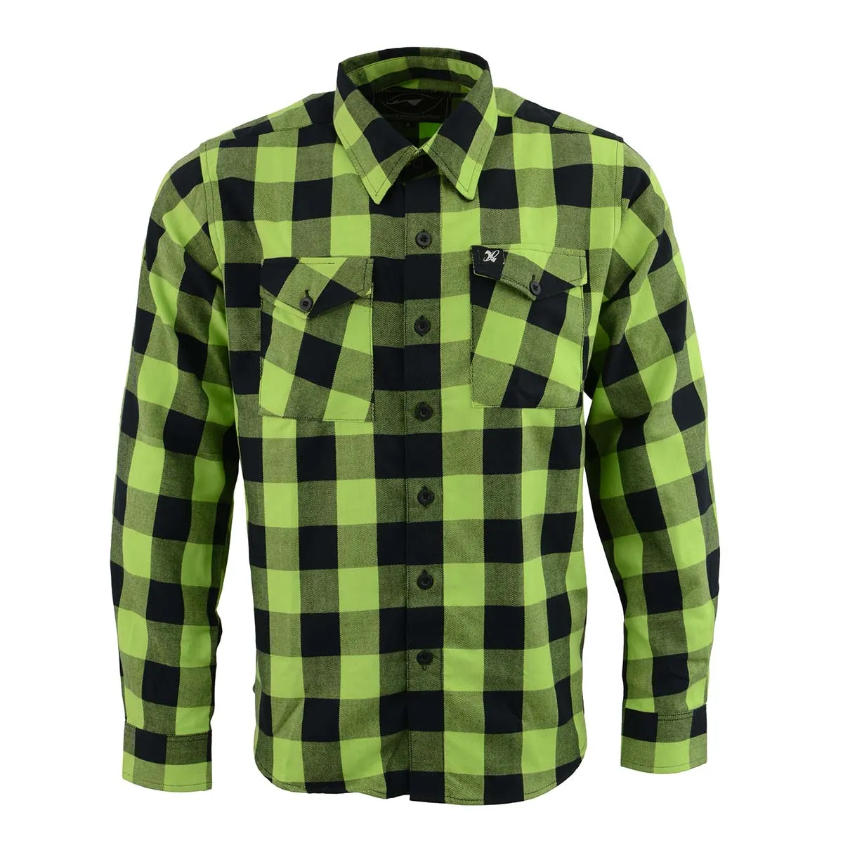 Milwaukee Leather Men's Flannel Plaid Shirt Black and Neon Green Long