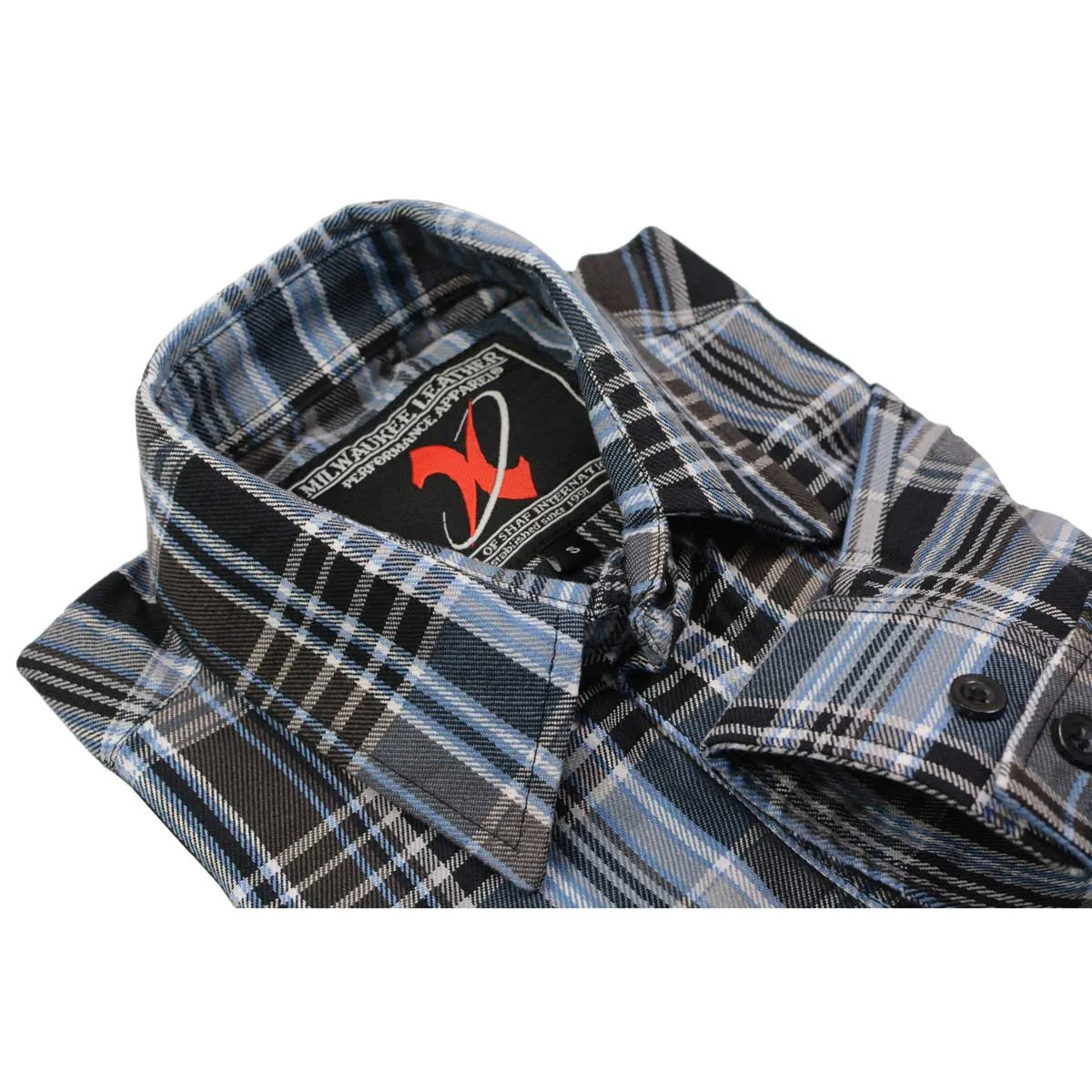 Milwaukee Leather Men's Flannel Plaid Shirt Black and White with Blue