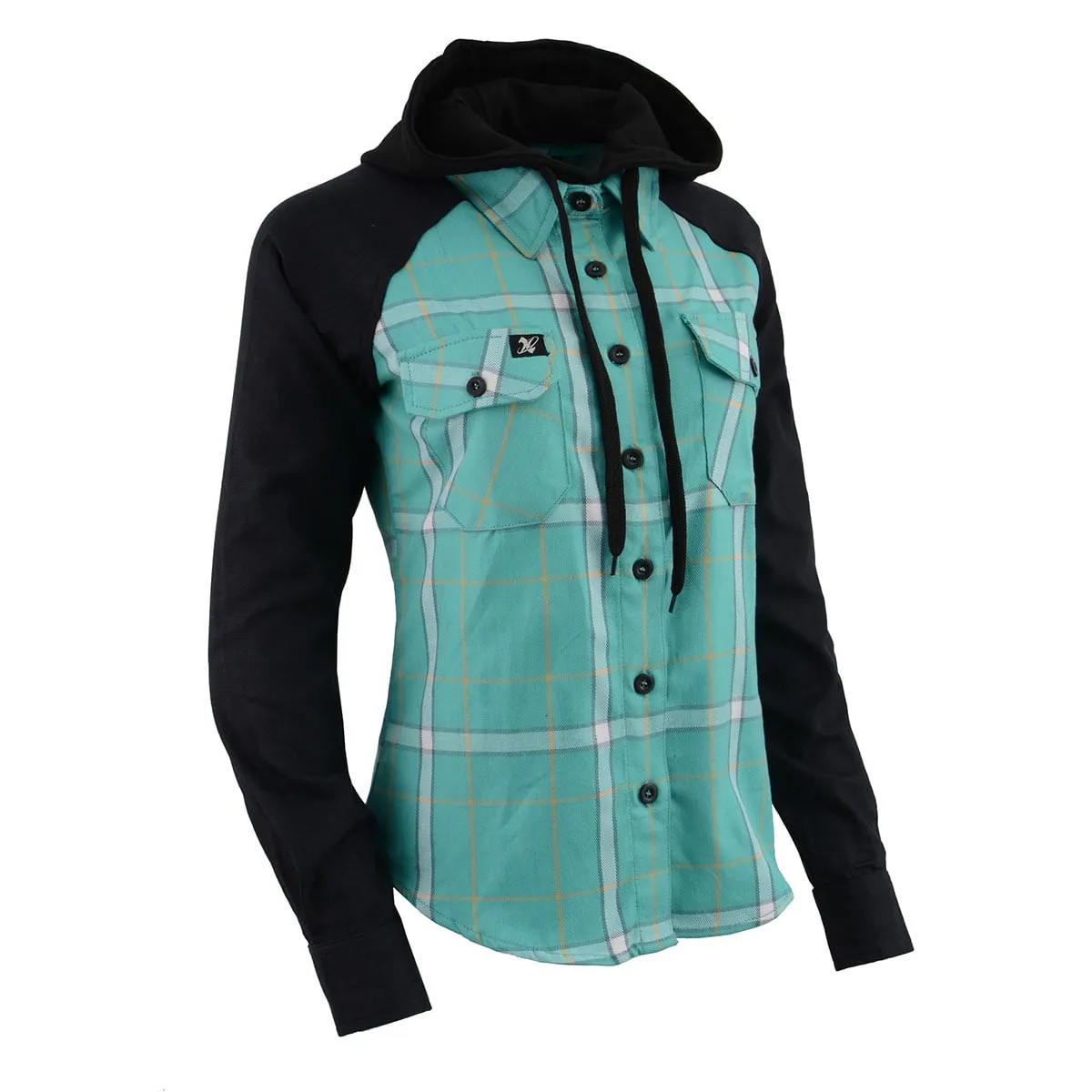 Milwaukee Leather MNG21601 Women's Casual Black and Teal Long Sleeve Cotton Flannel Shirt with Hoodie