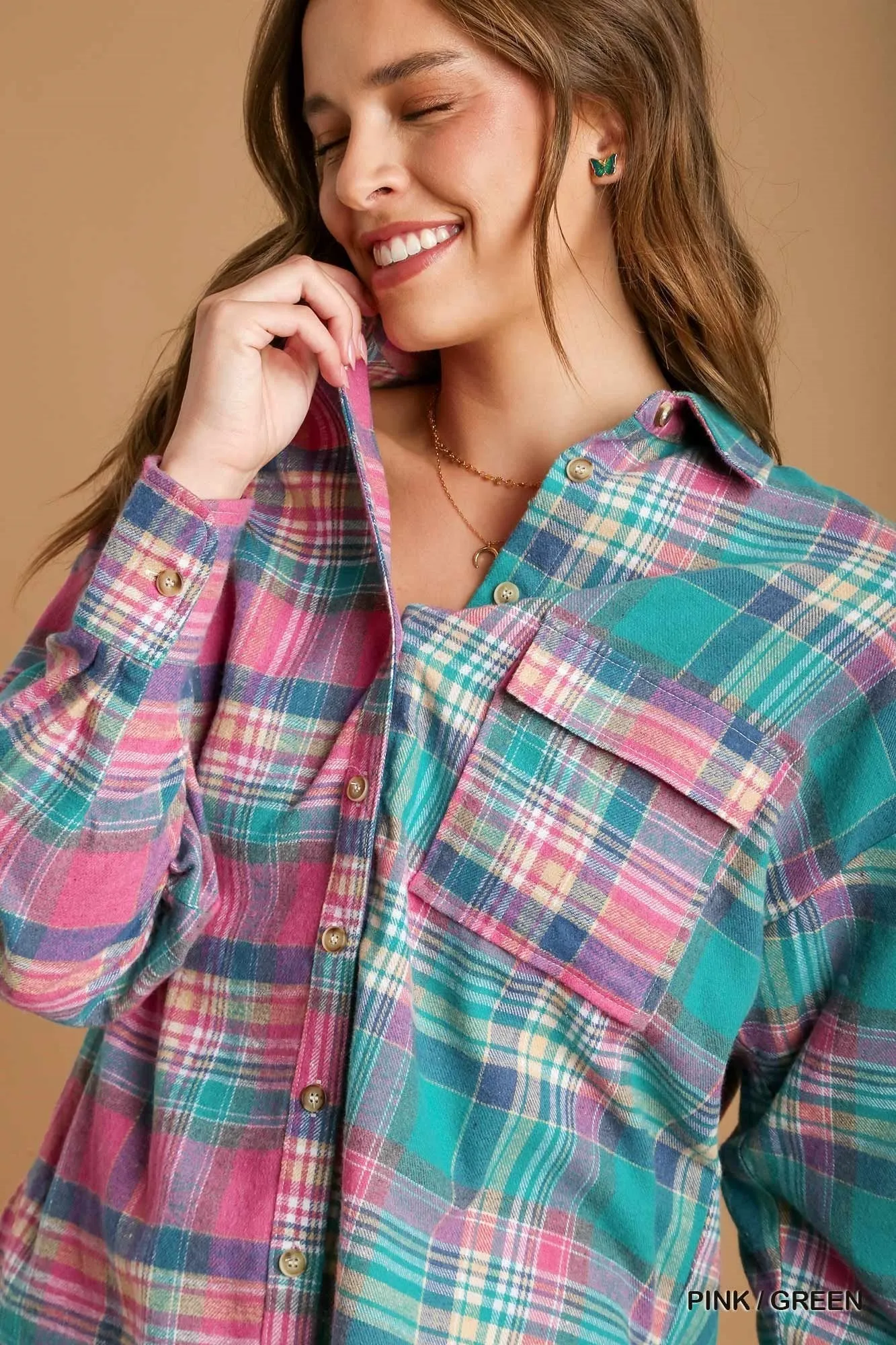 Mixed Plaid Boxy Cut Button Down Flannel With Front Pocket - 2 colors