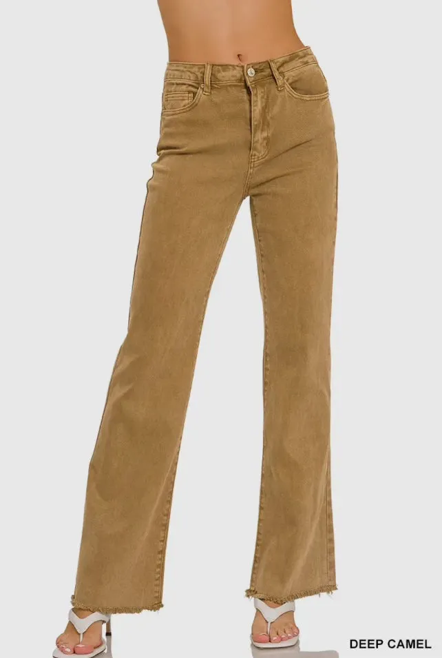 Pants - Acid Washed Frayed Cutoff Hem Straight Wide Pants, Deep Camel