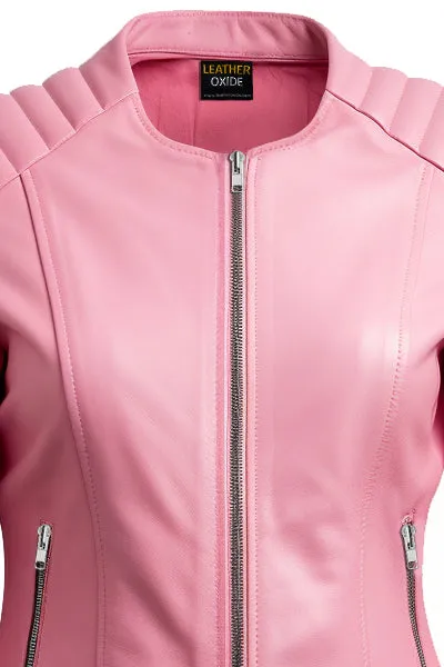 Women Biker Jacket Pink Faux Leather