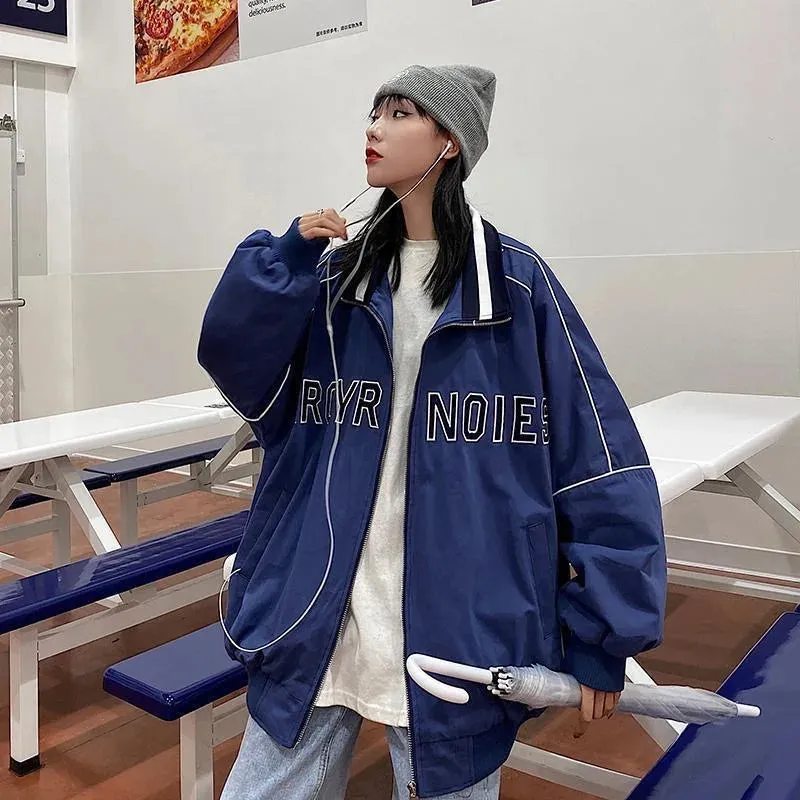 Women's Letter Embroidery Baseball Jacket Block Vintage Harajuku 2024 Spring Oversized V-Neck Streetwear Coat