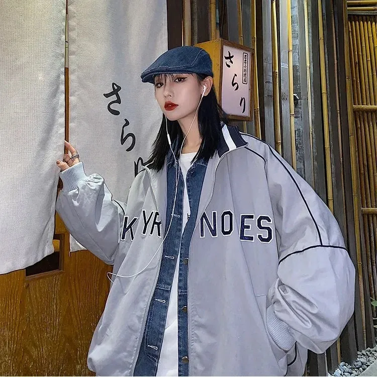 Women's Letter Embroidery Baseball Jacket Block Vintage Harajuku 2024 Spring Oversized V-Neck Streetwear Coat